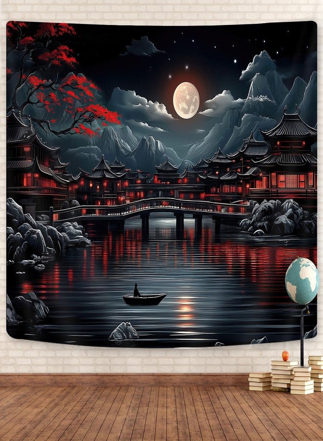 GOAOK Japanese Anime Tapestry, Cool Red and Black Dark Nature Mountain Riverside Full Moon Landscape Aesthetic Tapestry for Men, Asia Japanese Art Tapestries for Bedroom Living Room College, 80"X60" - Image 2